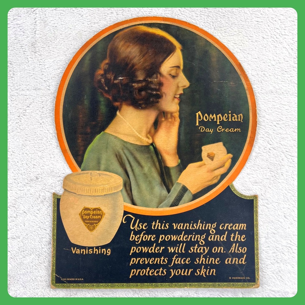 1920s Pompeian Day‎ Cream Antique Advertising Sign 20" Cardboard Display Woman